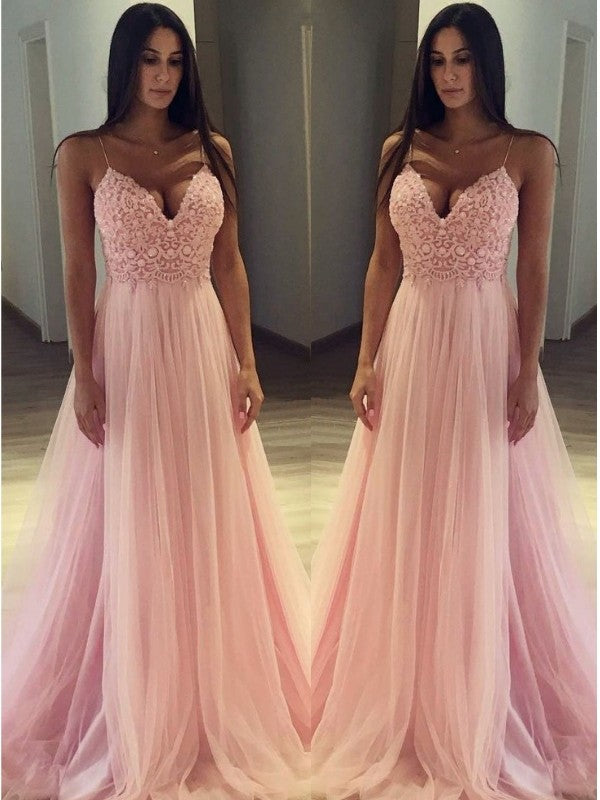 A-Line Sleeveless Spaghetti Straps Sweep/Brush Train With Applique Tulle Prom Dress