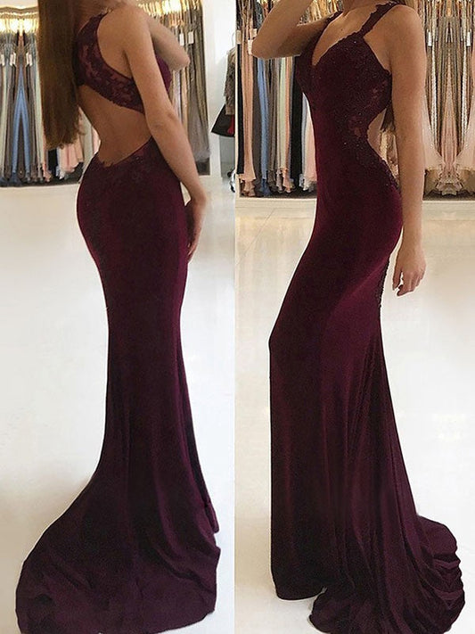 Mermaid Sleeveless V-neck Sweep/Brush Train With Applique Stretch Crepe Prom Dress