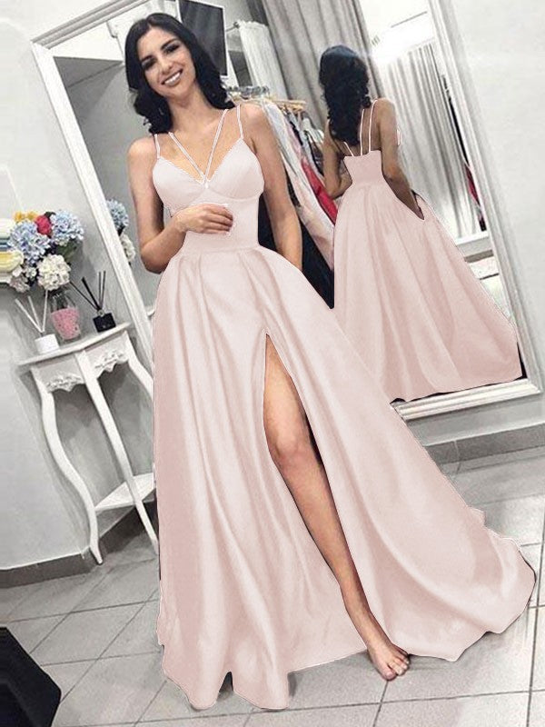 A-Line Sleeveless Spaghetti Straps Sweep/Brush Train With Ruffles Satin Prom Dress