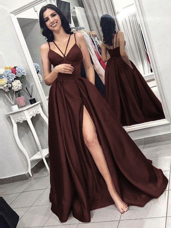 A-Line Sleeveless Spaghetti Straps Sweep/Brush Train With Ruffles Satin Prom Dress