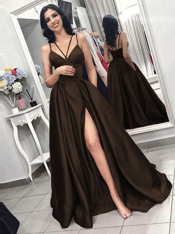 A-Line Sleeveless Spaghetti Straps Sweep/Brush Train With Ruffles Satin Prom Dress