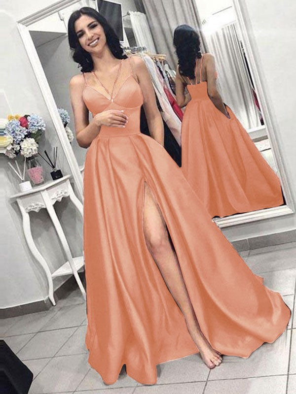 A-Line Sleeveless Spaghetti Straps Sweep/Brush Train With Ruffles Satin Prom Dress