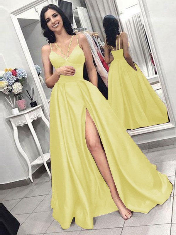 A-Line Sleeveless Spaghetti Straps Sweep/Brush Train With Ruffles Satin Prom Dress