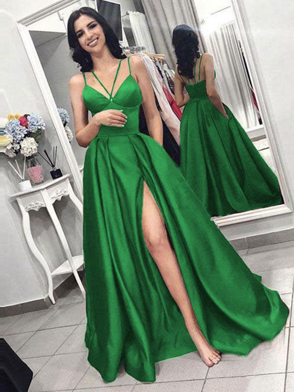 A-Line Sleeveless Spaghetti Straps Sweep/Brush Train With Ruffles Satin Prom Dress
