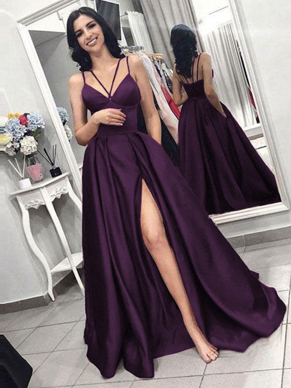 A-Line Sleeveless Spaghetti Straps Sweep/Brush Train With Ruffles Satin Prom Dress