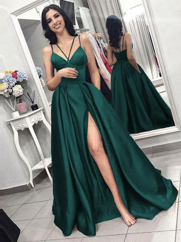 A-Line Sleeveless Spaghetti Straps Sweep/Brush Train With Ruffles Satin Prom Dress