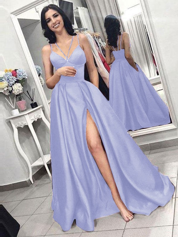 A-Line Sleeveless Spaghetti Straps Sweep/Brush Train With Ruffles Satin Prom Dress