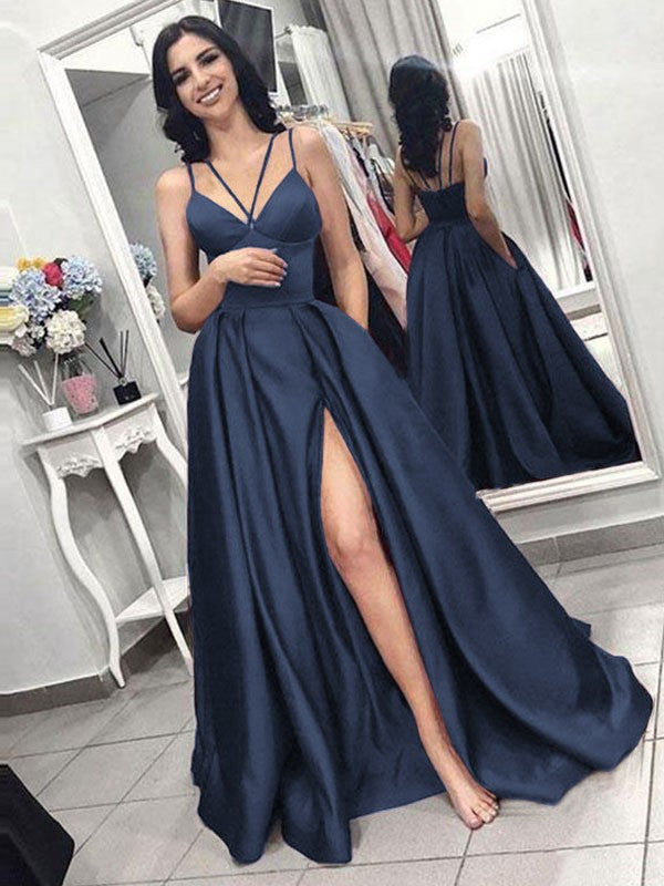 A-Line Sleeveless Spaghetti Straps Sweep/Brush Train With Ruffles Satin Prom Dress
