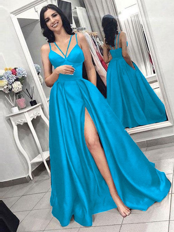 A-Line Sleeveless Spaghetti Straps Sweep/Brush Train With Ruffles Satin Prom Dress