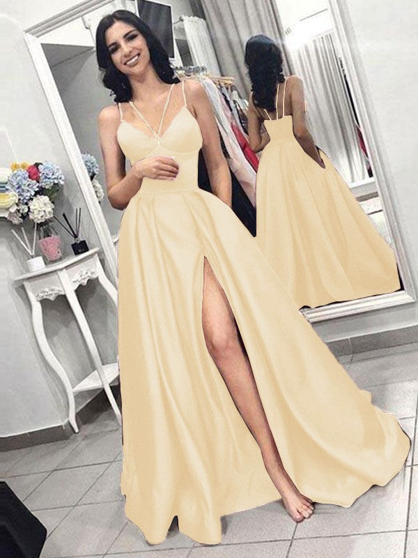 A-Line Sleeveless Spaghetti Straps Sweep/Brush Train With Ruffles Satin Prom Dress