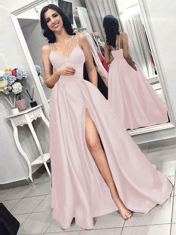 A-Line Sleeveless Spaghetti Straps Sweep/Brush Train With Ruffles Satin Prom Dress
