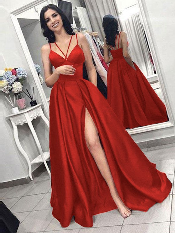 A-Line Sleeveless Spaghetti Straps Sweep/Brush Train With Ruffles Satin Prom Dress