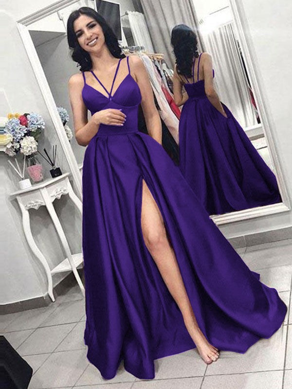 A-Line Sleeveless Spaghetti Straps Sweep/Brush Train With Ruffles Satin Prom Dress