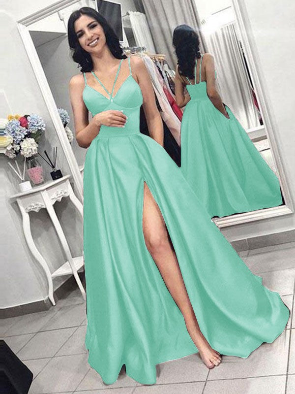 A-Line Sleeveless Spaghetti Straps Sweep/Brush Train With Ruffles Satin Prom Dress