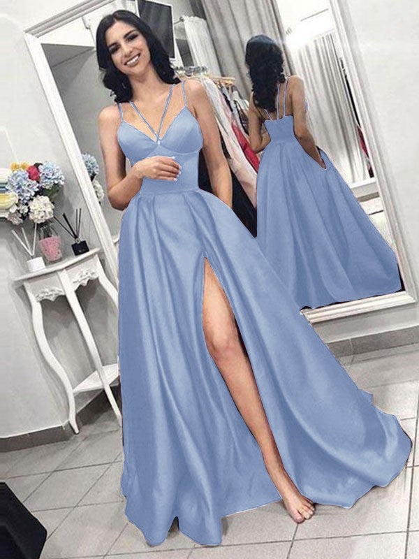A-Line Sleeveless Spaghetti Straps Sweep/Brush Train With Ruffles Satin Prom Dress