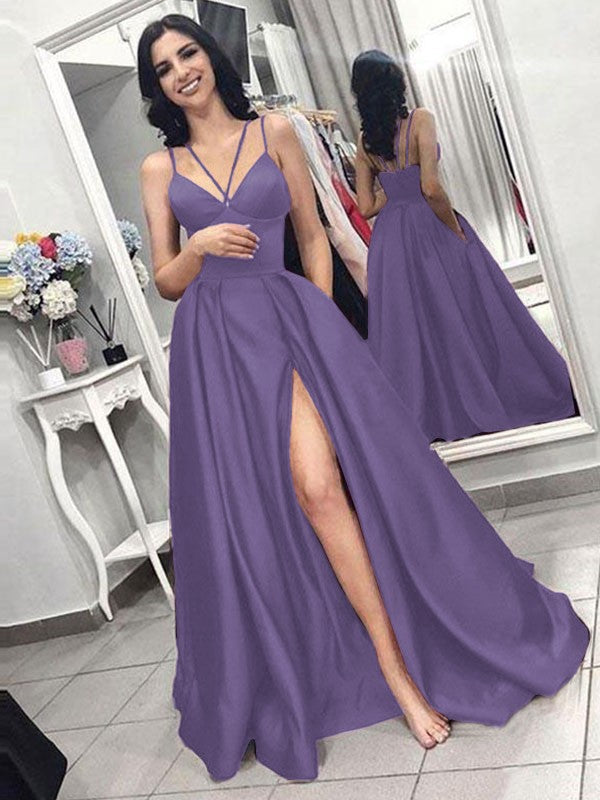 A-Line Sleeveless Spaghetti Straps Sweep/Brush Train With Ruffles Satin Prom Dress