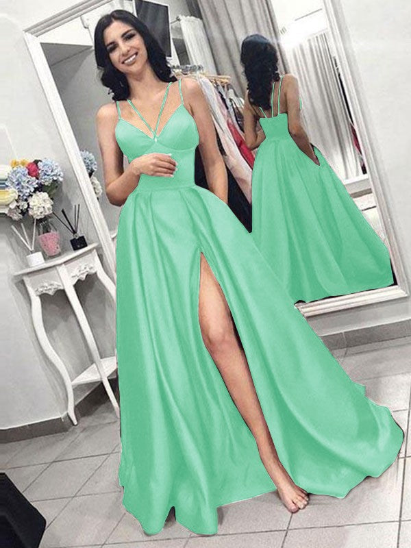A-Line Sleeveless Spaghetti Straps Sweep/Brush Train With Ruffles Satin Prom Dress