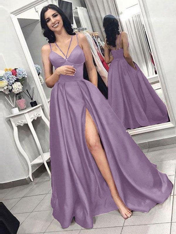 A-Line Sleeveless Spaghetti Straps Sweep/Brush Train With Ruffles Satin Prom Dress
