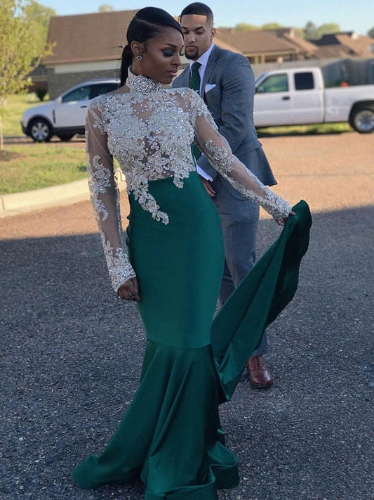 Mermaid Long Sleeves High Neck Sweep/Brush Train With Applique Satin Prom Dress