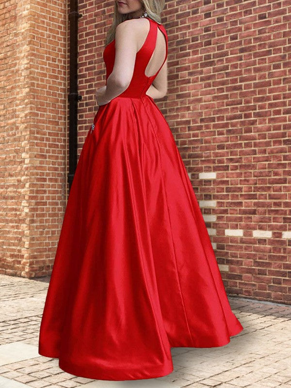 A-Line Halter Sleeveless Floor-Length With Beading Satin Prom Dress