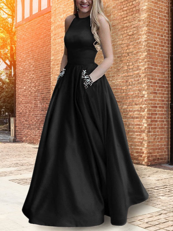 A-Line Halter Sleeveless Floor-Length With Beading Satin Prom Dress