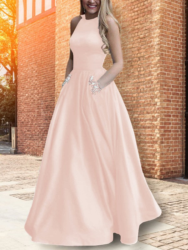 A-Line Halter Sleeveless Floor-Length With Beading Satin Prom Dress