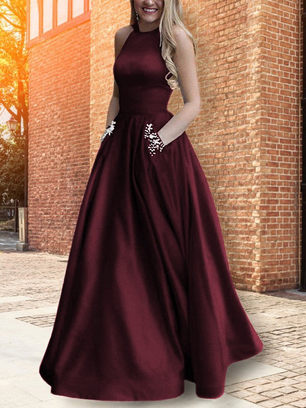 A-Line Halter Sleeveless Floor-Length With Beading Satin Prom Dress