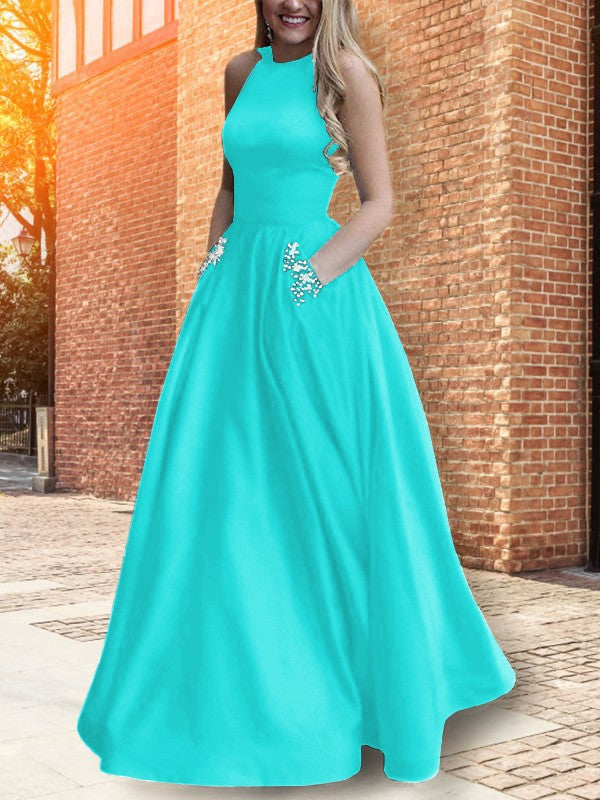 A-Line Halter Sleeveless Floor-Length With Beading Satin Prom Dress