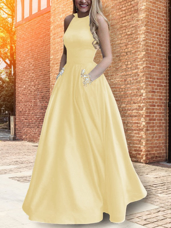 A-Line Halter Sleeveless Floor-Length With Beading Satin Prom Dress