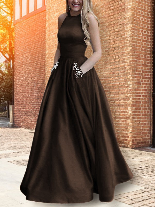 A-Line Halter Sleeveless Floor-Length With Beading Satin Prom Dress