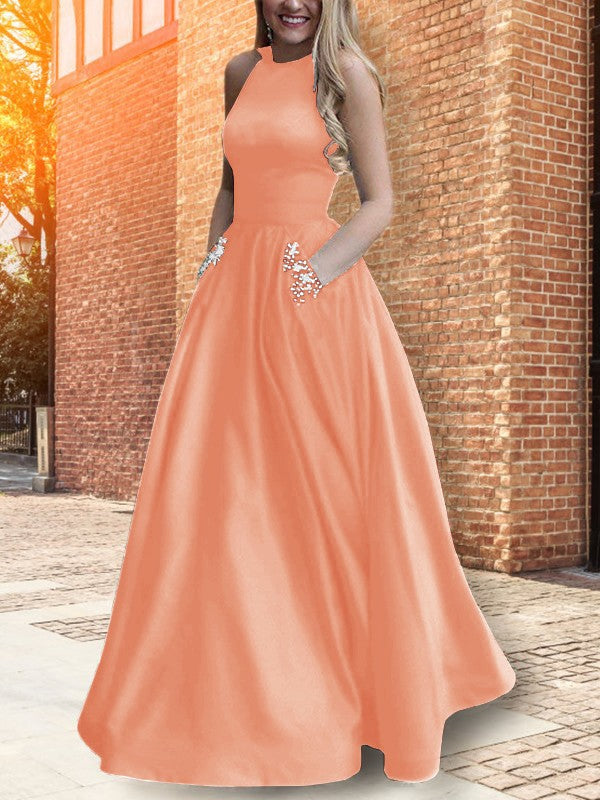 A-Line Halter Sleeveless Floor-Length With Beading Satin Prom Dress