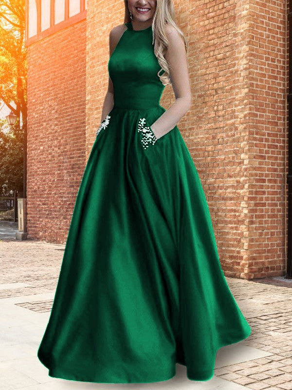 A-Line Halter Sleeveless Floor-Length With Beading Satin Prom Dress