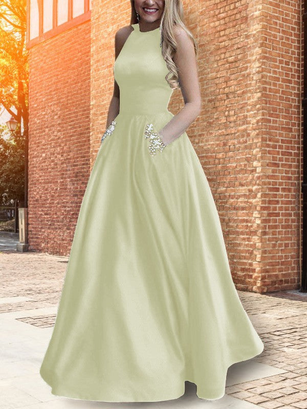 A-Line Halter Sleeveless Floor-Length With Beading Satin Prom Dress