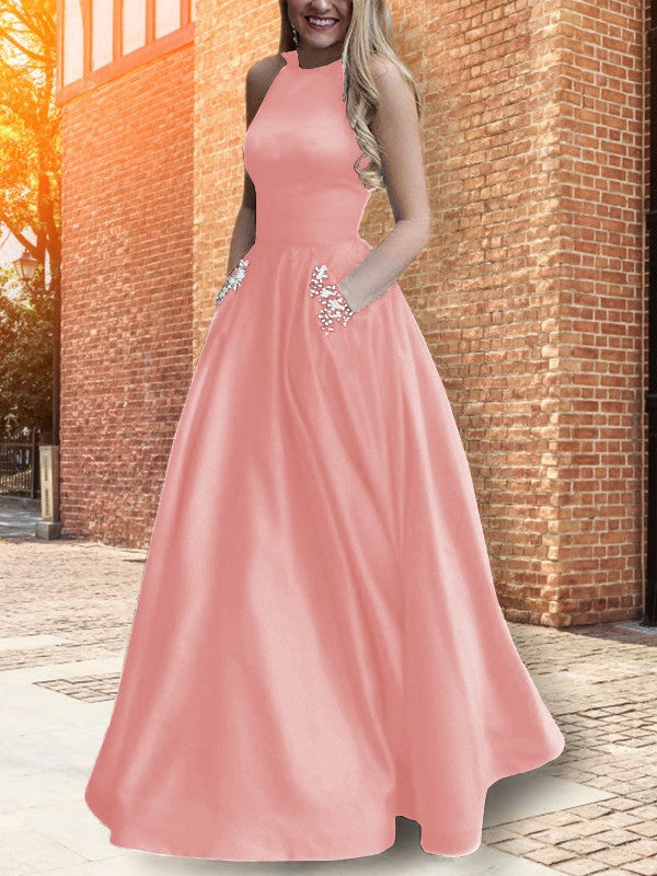 A-Line Halter Sleeveless Floor-Length With Beading Satin Prom Dress