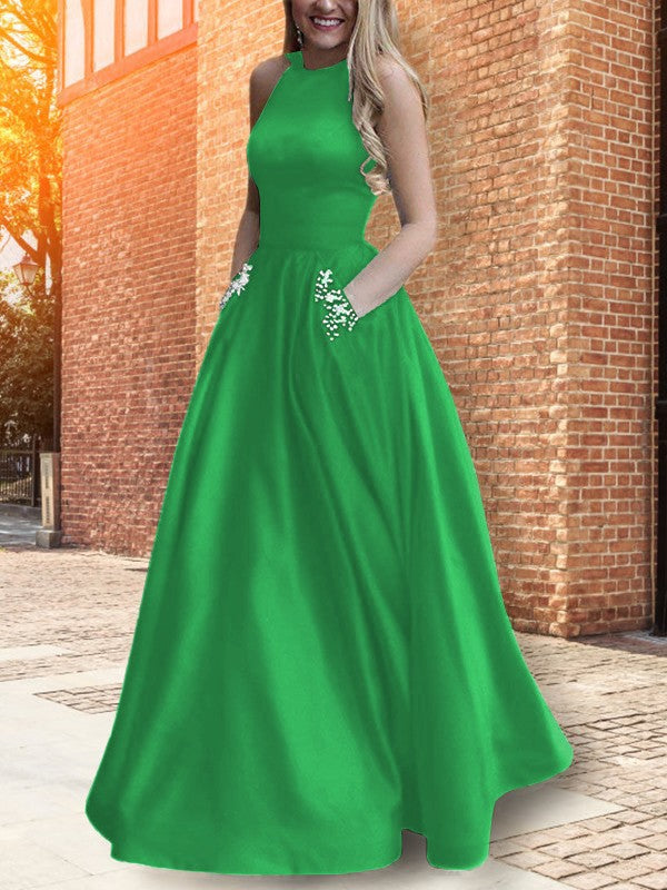 A-Line Halter Sleeveless Floor-Length With Beading Satin Prom Dress