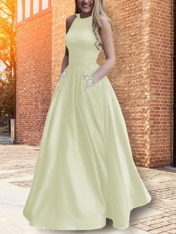 A-Line Halter Sleeveless Floor-Length With Beading Satin Prom Dress