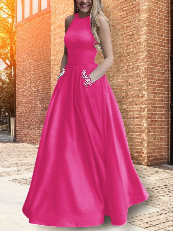 A-Line Halter Sleeveless Floor-Length With Beading Satin Prom Dress