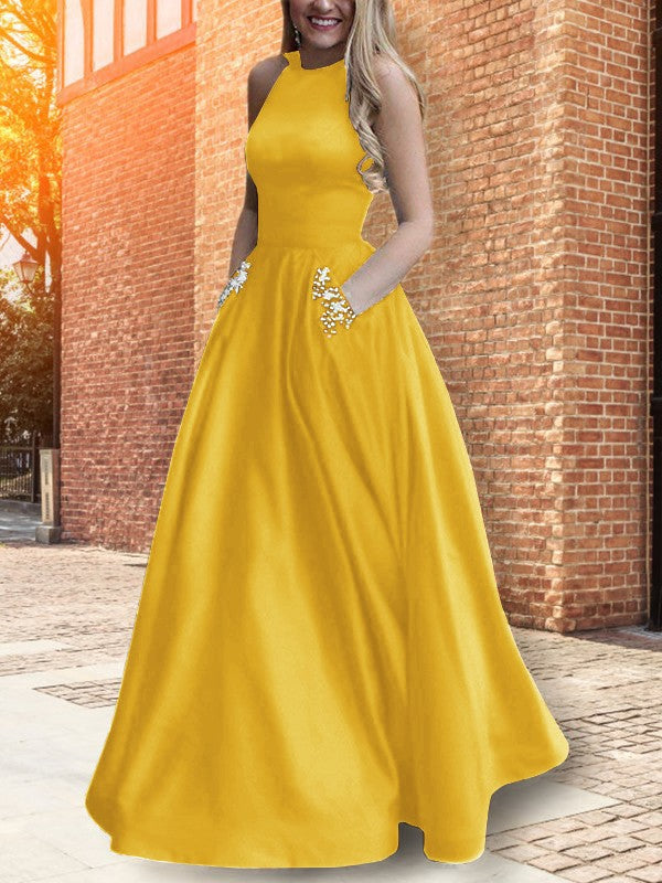 A-Line Halter Sleeveless Floor-Length With Beading Satin Prom Dress