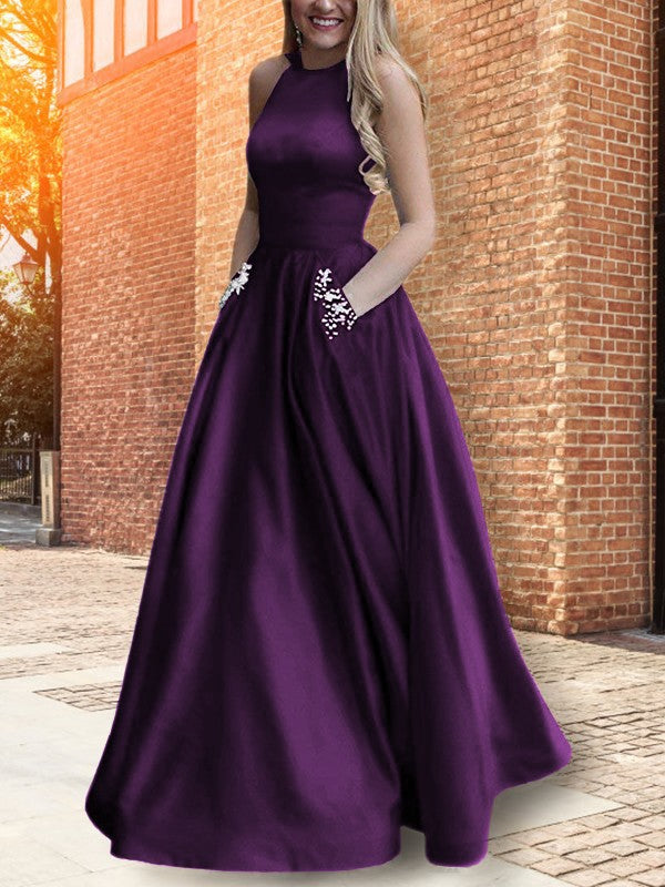A-Line Halter Sleeveless Floor-Length With Beading Satin Prom Dress
