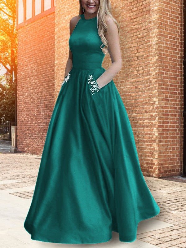 A-Line Halter Sleeveless Floor-Length With Beading Satin Prom Dress