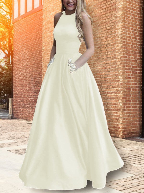A-Line Halter Sleeveless Floor-Length With Beading Satin Prom Dress