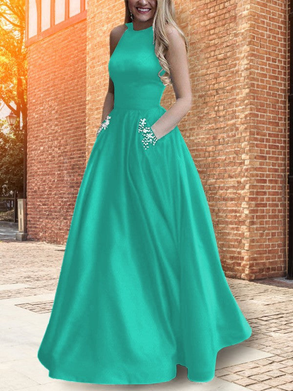 A-Line Halter Sleeveless Floor-Length With Beading Satin Prom Dress