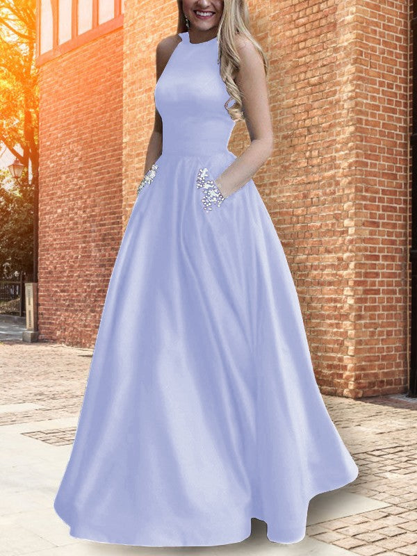 A-Line Halter Sleeveless Floor-Length With Beading Satin Prom Dress