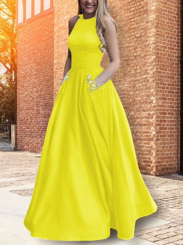 A-Line Halter Sleeveless Floor-Length With Beading Satin Prom Dress