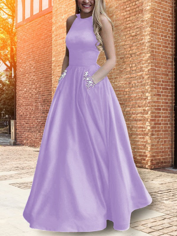 A-Line Halter Sleeveless Floor-Length With Beading Satin Prom Dress