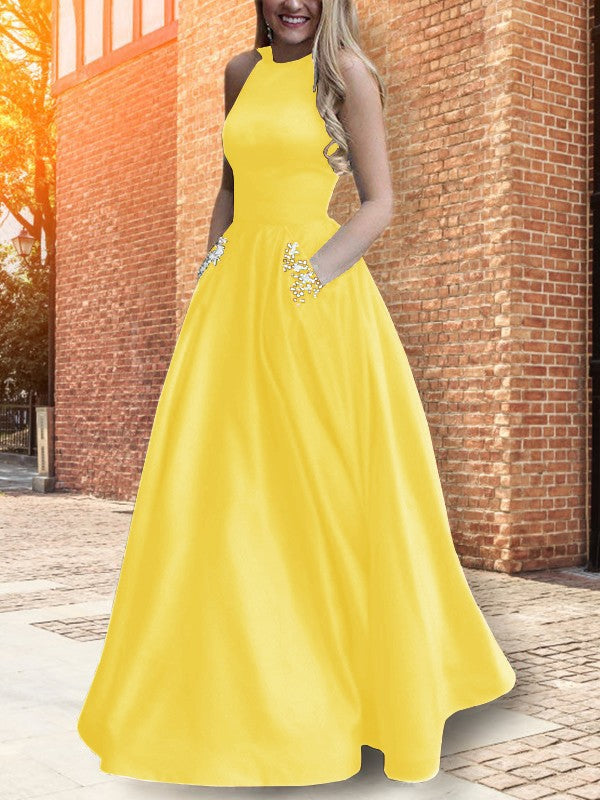 A-Line Halter Sleeveless Floor-Length With Beading Satin Prom Dress
