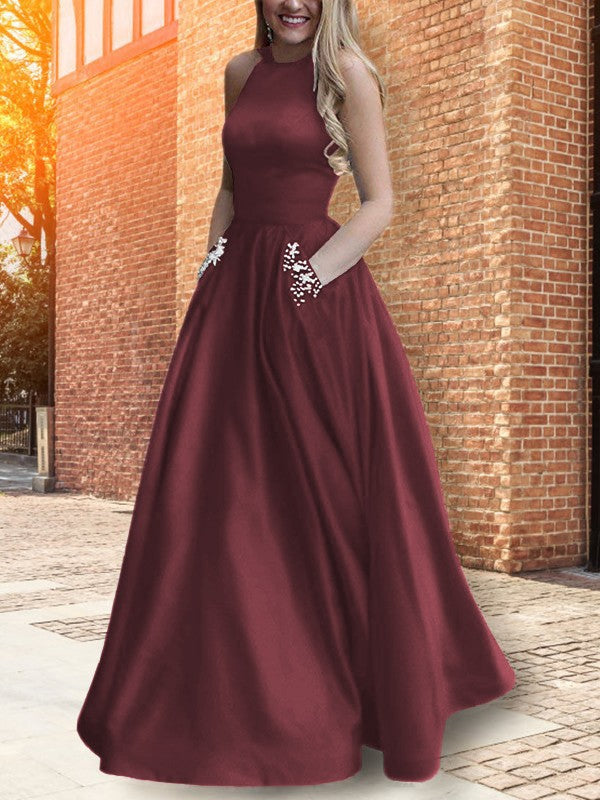 A-Line Halter Sleeveless Floor-Length With Beading Satin Prom Dress