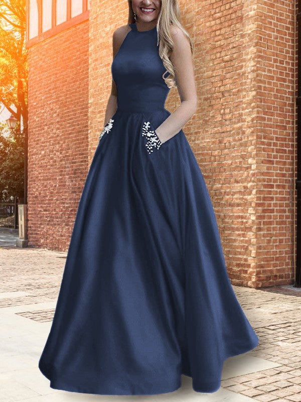 A-Line Halter Sleeveless Floor-Length With Beading Satin Prom Dress