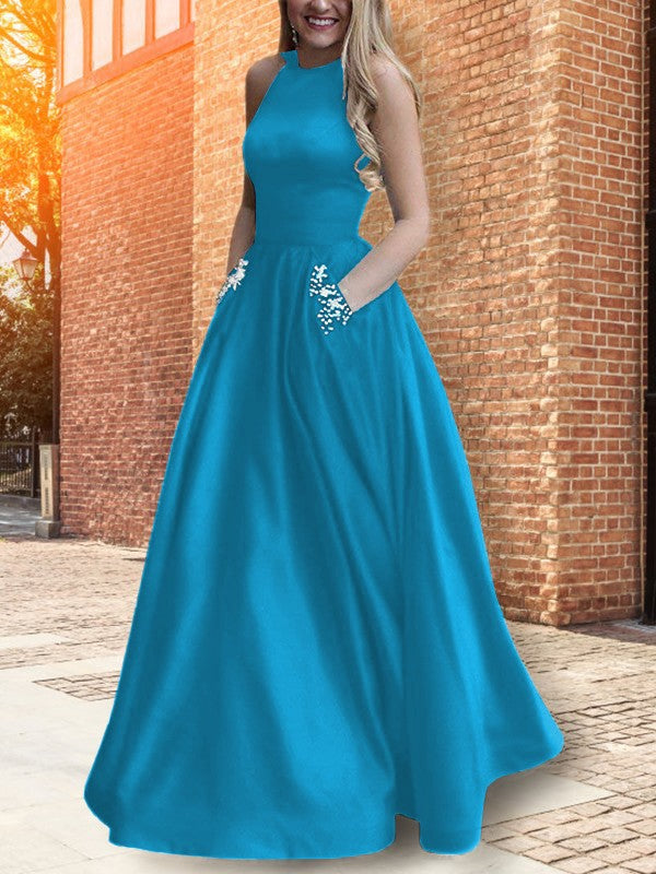 A-Line Halter Sleeveless Floor-Length With Beading Satin Prom Dress