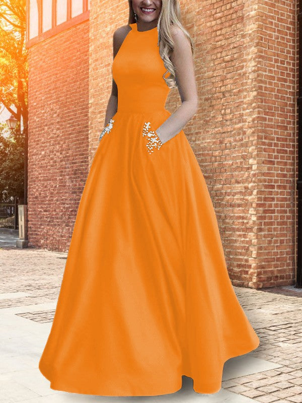 A-Line Halter Sleeveless Floor-Length With Beading Satin Prom Dress